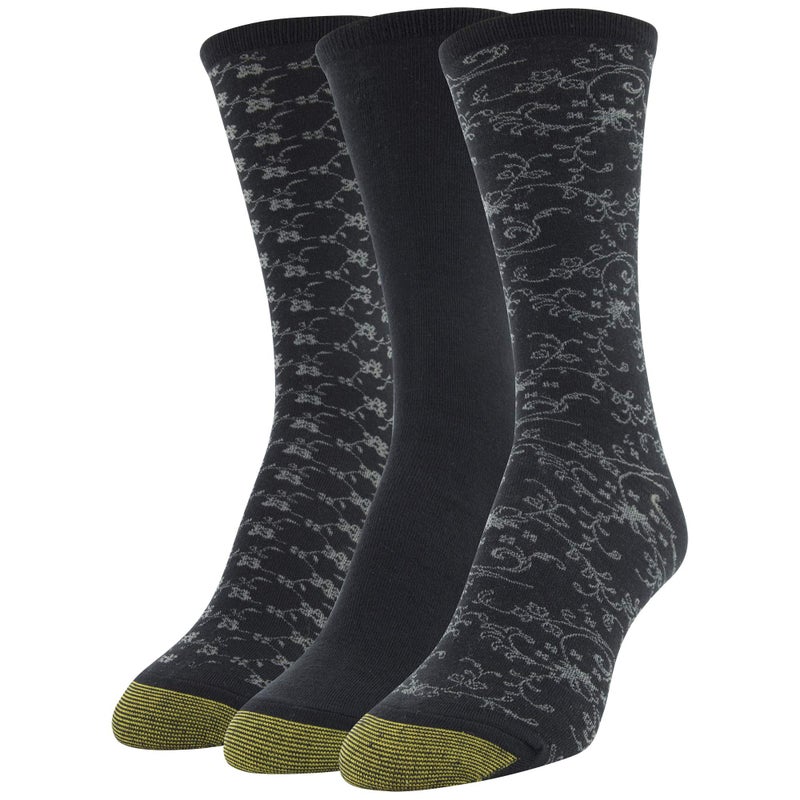 GOLDTOE Women's Scrolls Dress Crew Socks, 3 Pairs, Black Floral/Black/Black Vine, Shoe Size: 6-9 - Image 1
